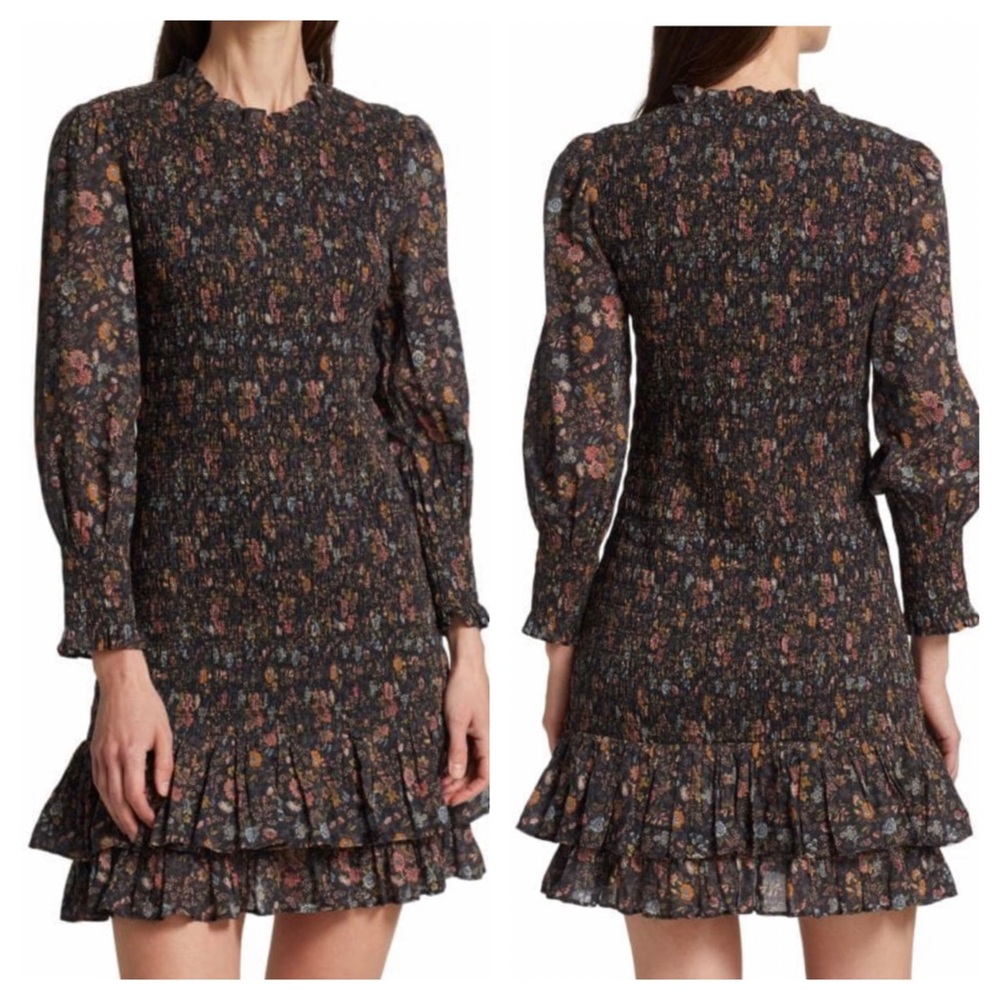 Veronica Beard Farha Black Floral Smocked Mini Dress size 12 - Picture 2 of 13